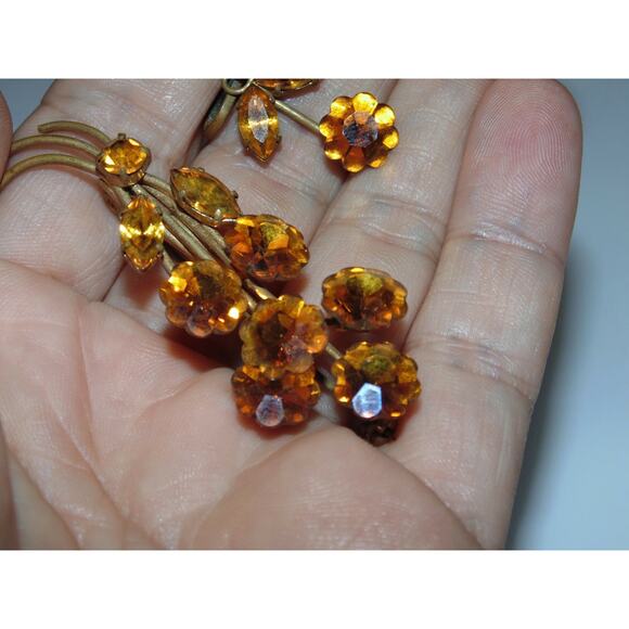 Vintage Estate Crystal Citrine Orange Stones Brooch Earrings Set Costume Jewelry - Picture 6 of 6